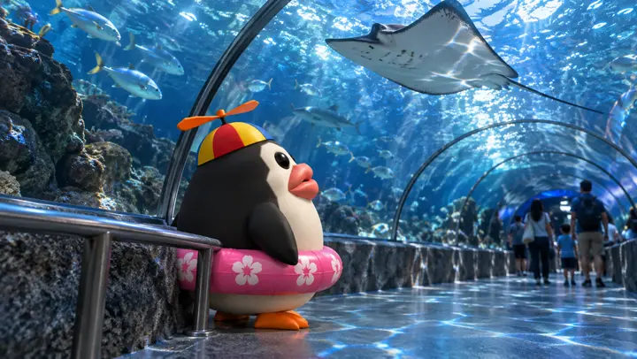 Pengoof in an aquarium tunnel looking up at the fish