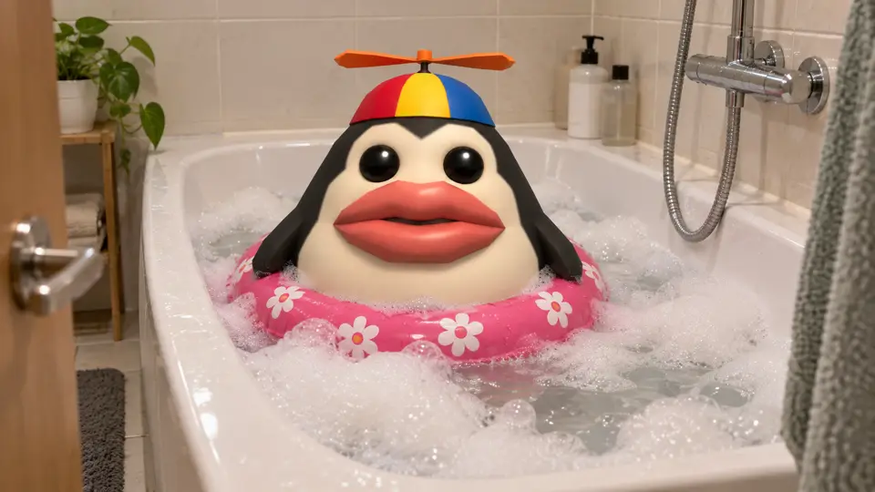 Pengoof sitting in a domestic bathtub among the foam