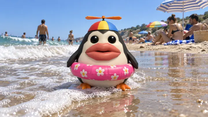 Pengoof standing at the waterline on a busy beach