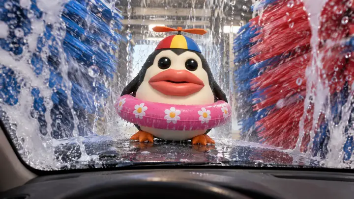 Pengoof on the bonnet of a car going through an automatic car wash