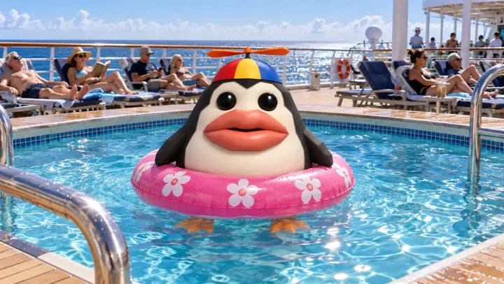 Pengoof floating in a cruise ship deck pool