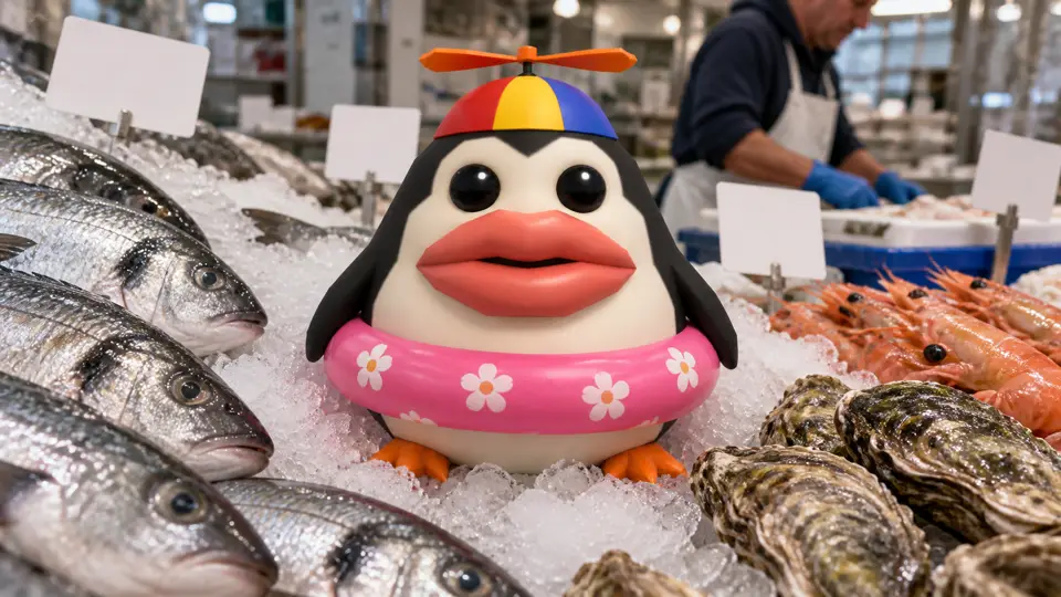 Pengoof sitting on crushed ice at a fish market counter