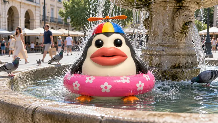 Pengoof sitting in a city square fountain under the jets