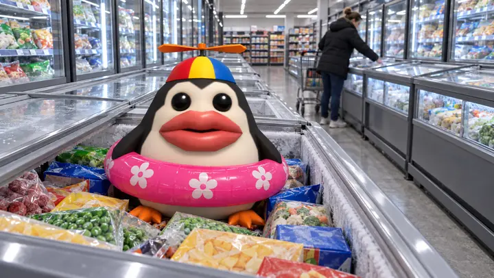 Pengoof sitting in a supermarket chest freezer among frozen packets