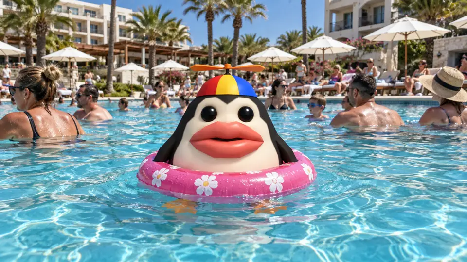 Pengoof floating in a crowded hotel resort pool