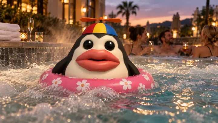 Pengoof in a hotel jacuzzi at dusk among real guests