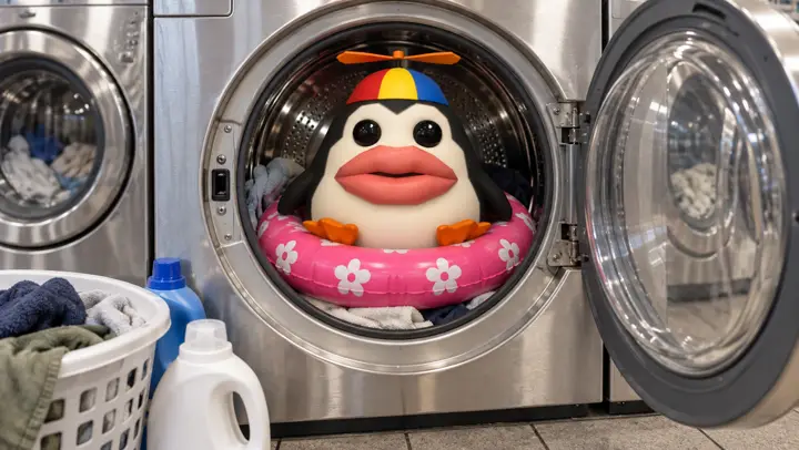 Pengoof sitting inside an open washing machine drum in a launderette