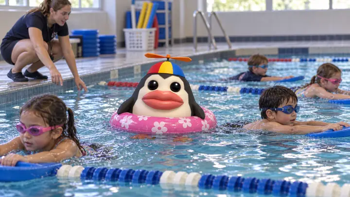 Pengoof floating in a lane during a childrens swimming lesson