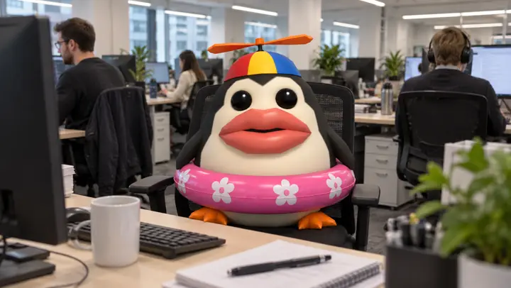 Pengoof sitting in an office chair in a working open-plan office