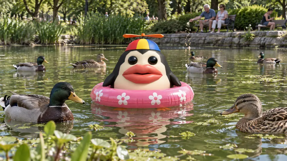 Pengoof floating on a park pond among real ducks