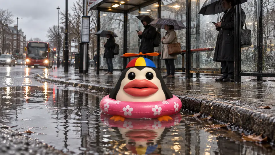 Pengoof sitting in a puddle at a bus stop in the rain