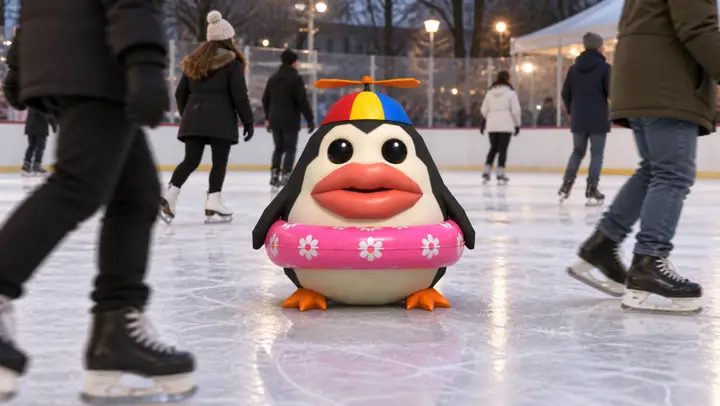 Pengoof standing on a public ice rink while skaters pass