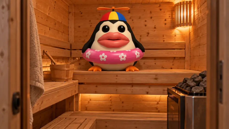 Pengoof sitting on a sauna bench in the steam