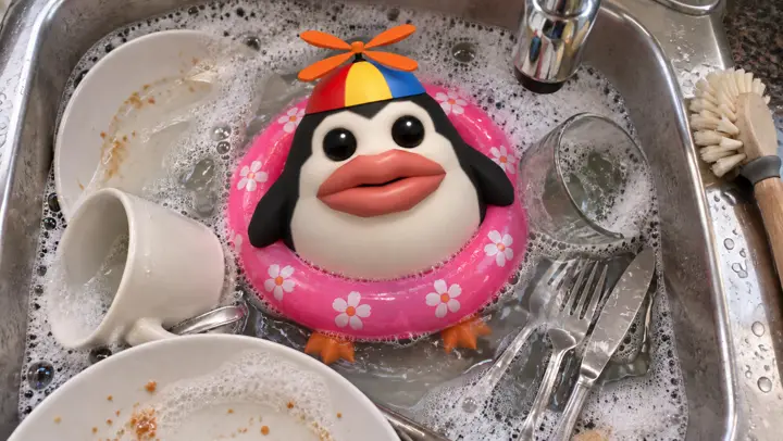 Pengoof sitting in a kitchen sink under a running tap