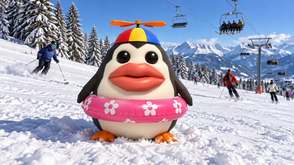 Pengoof on a snowy ski slope among skiers