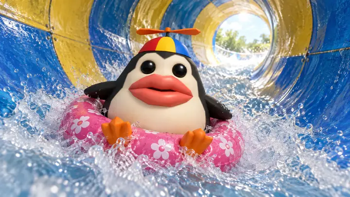 Pengoof coming down a water slide flume